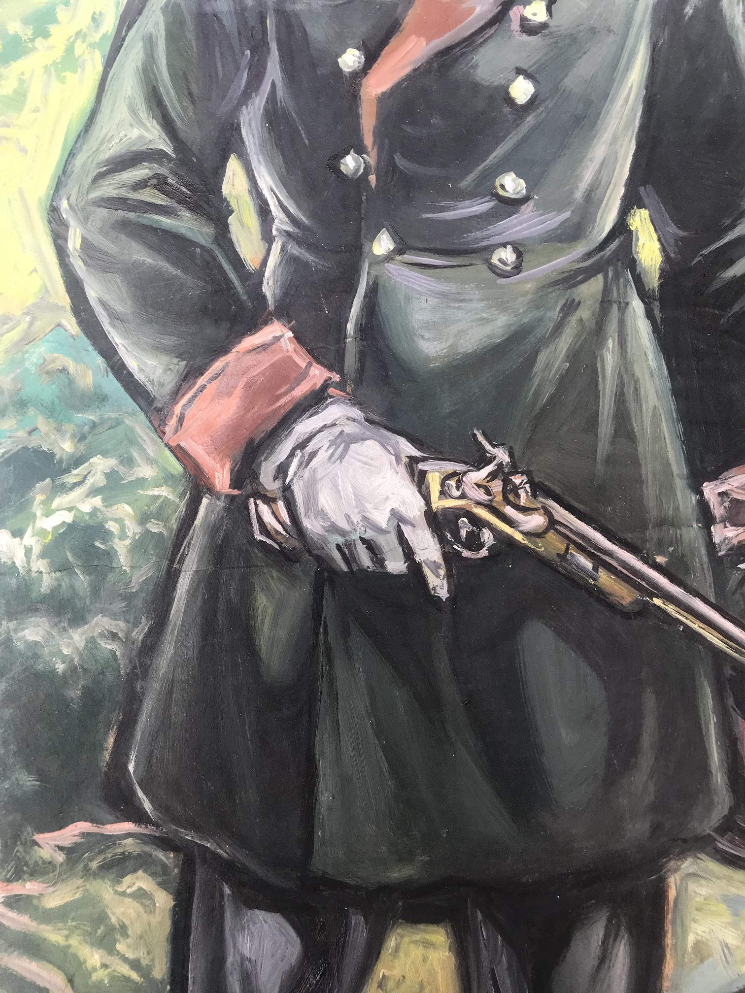 Oil painting of soldier Alexander Arkadievich Litvinov holding brass and black flintlock pistol in gloved hand