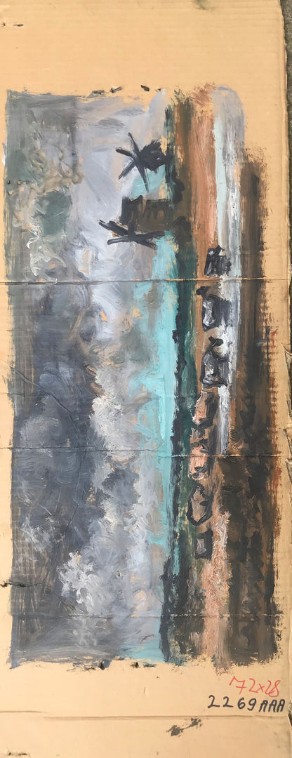 Oil painting portrait of soldier Alexander Arkadievich Litvinov with abstract textured gray teal brown layers