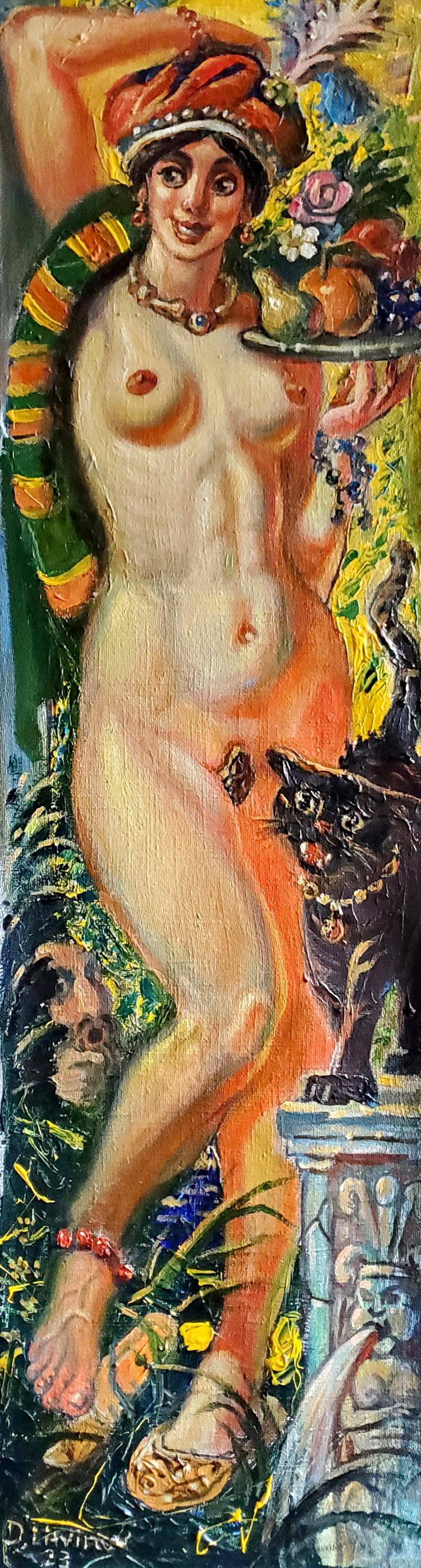 Vibrant nude woman in red gold headdress holds fruit tray by Litvinov Daniil Olegovich oil painting