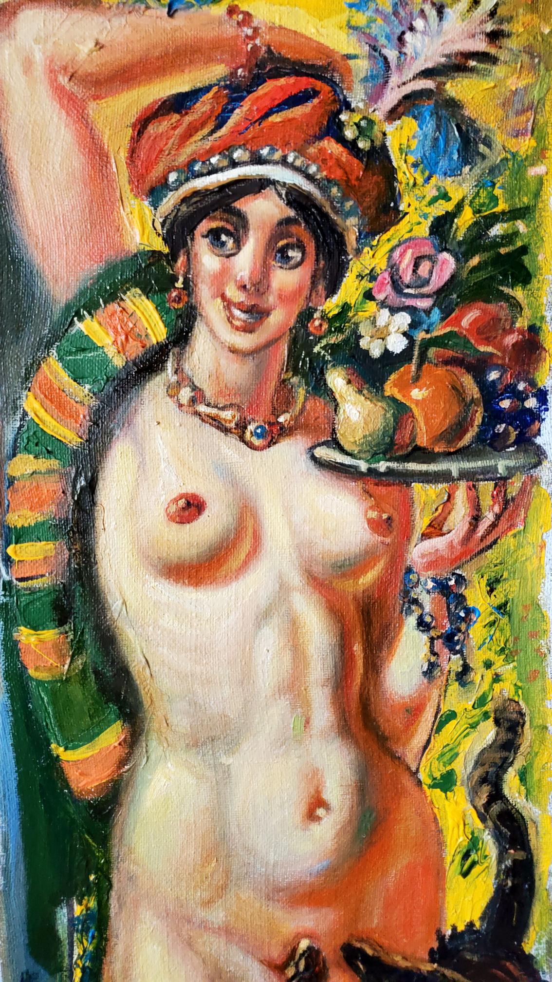 Oil painting by Litvinov Daniil Olegovich: nude woman with ornate red gold headdress holding fruit tray