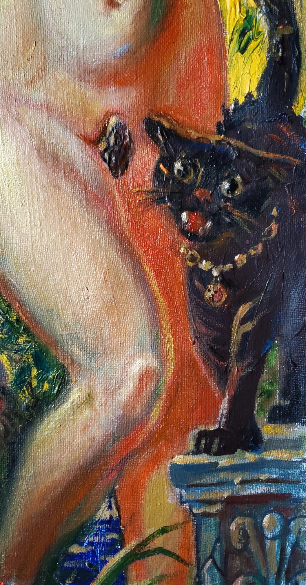 Oil painting by Litvinov Daniil Olegovich: black cat with wide eyes, red tongue, gold chain