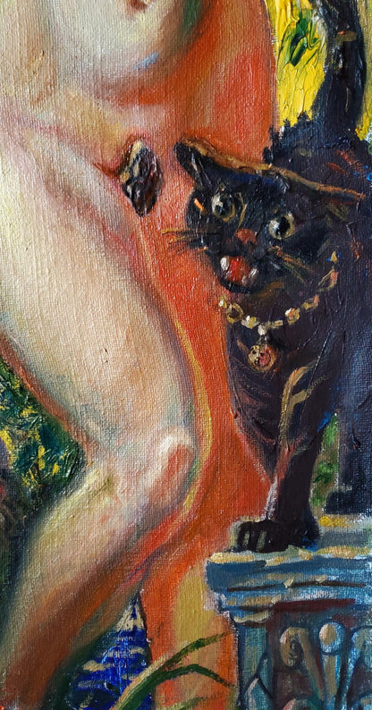 Oil painting by Litvinov Daniil Olegovich: black cat with wide eyes, red tongue, gold chain
