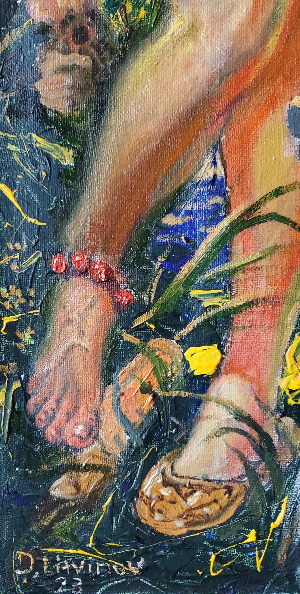 Oil painting by Litvinov Daniil Olegovich: bare feet with red beads in greenery