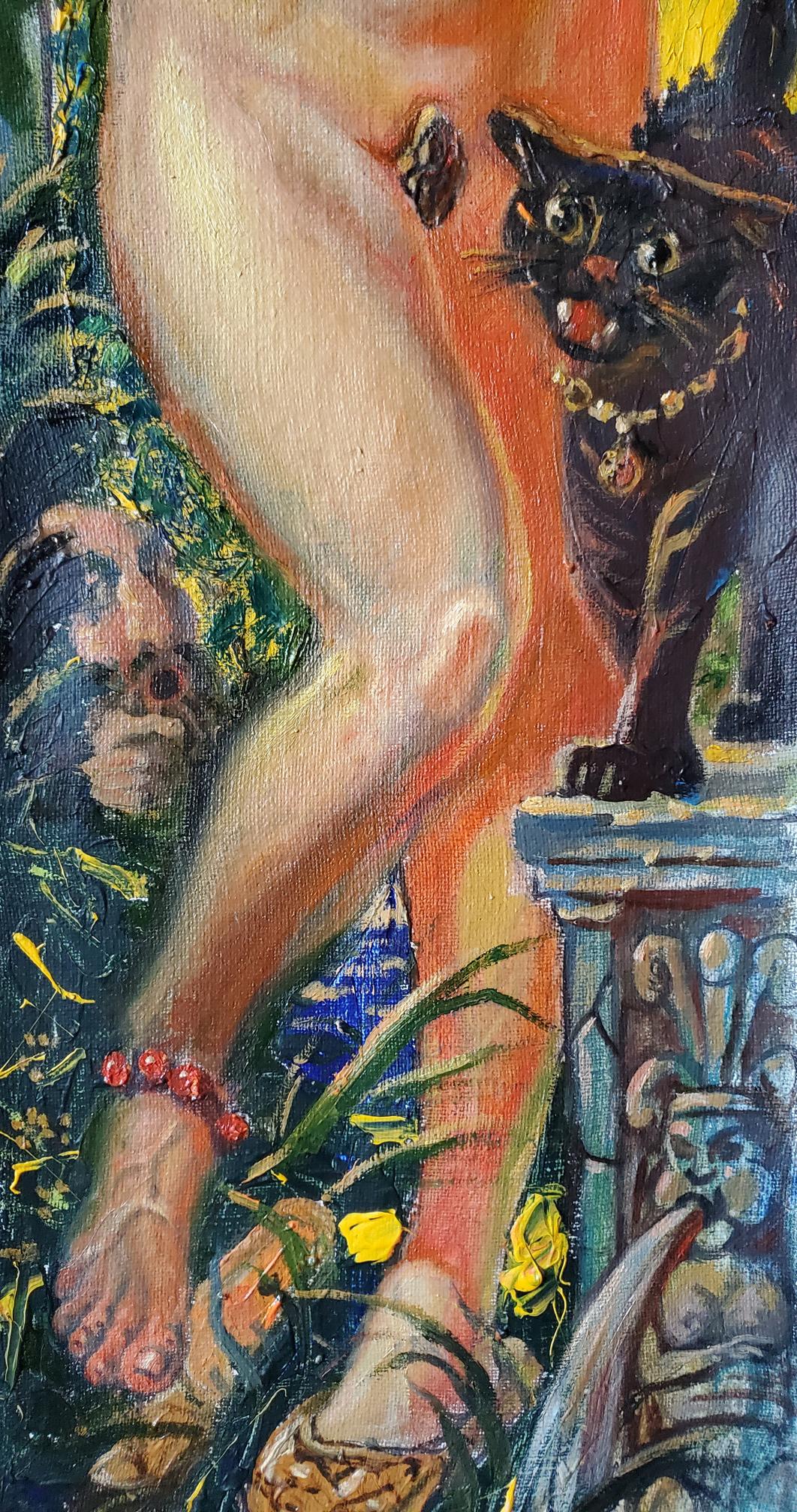 Oil painting by Litvinov Daniil Olegovich: black cat with gold chain on pedestal