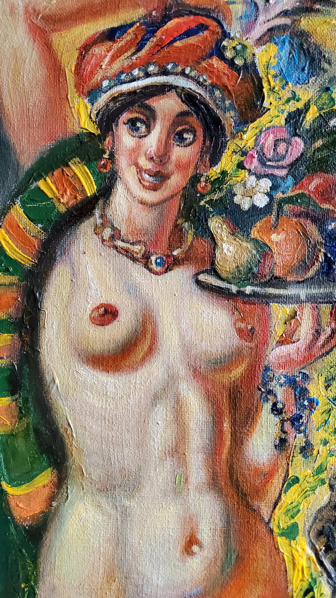 Oil painting of nude girl with ornate jeweled headdress by Litvinov Daniil Olegovich