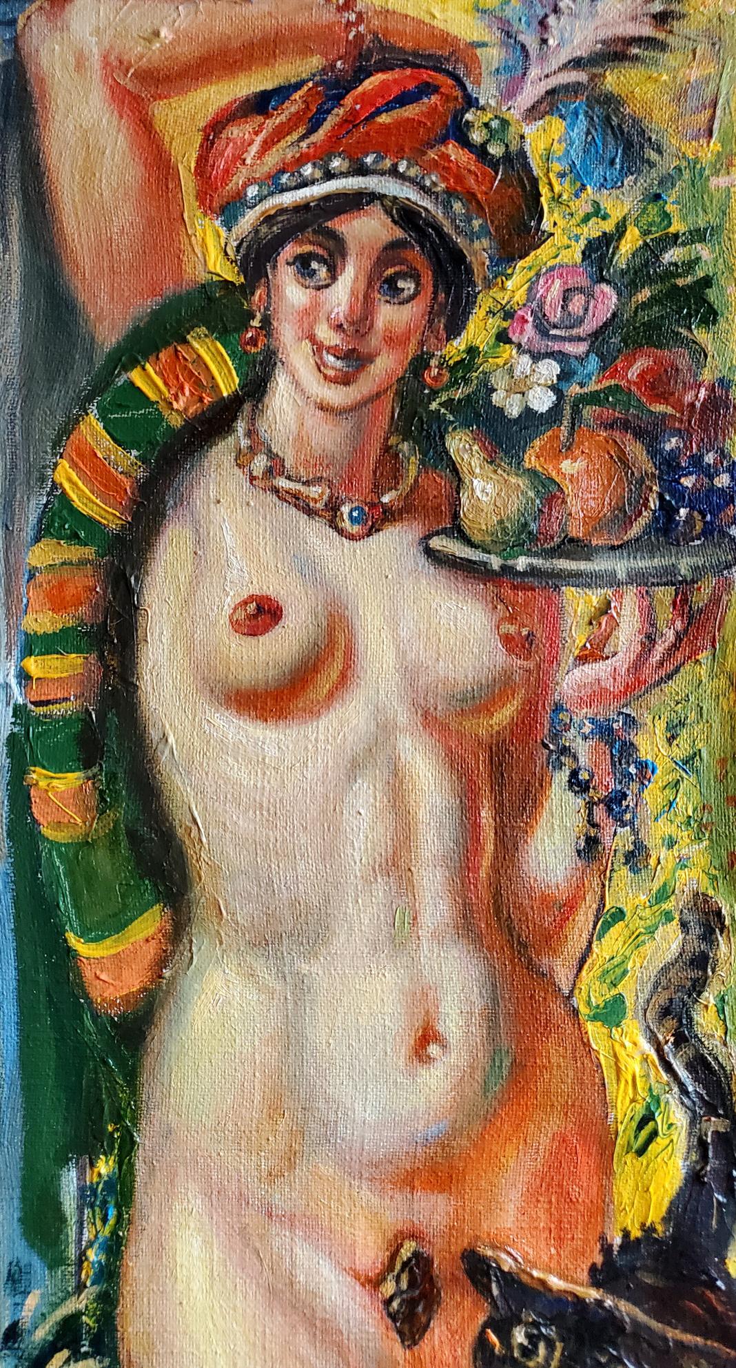 Oil painting by Litvinov Daniil Olegovich: nude girl with ornate red gold headdress