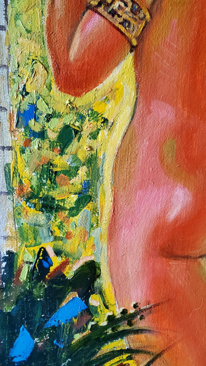 Vibrant yellow sleeveless dress with green blue abstract pattern by Litvinov Daniil Olegovich