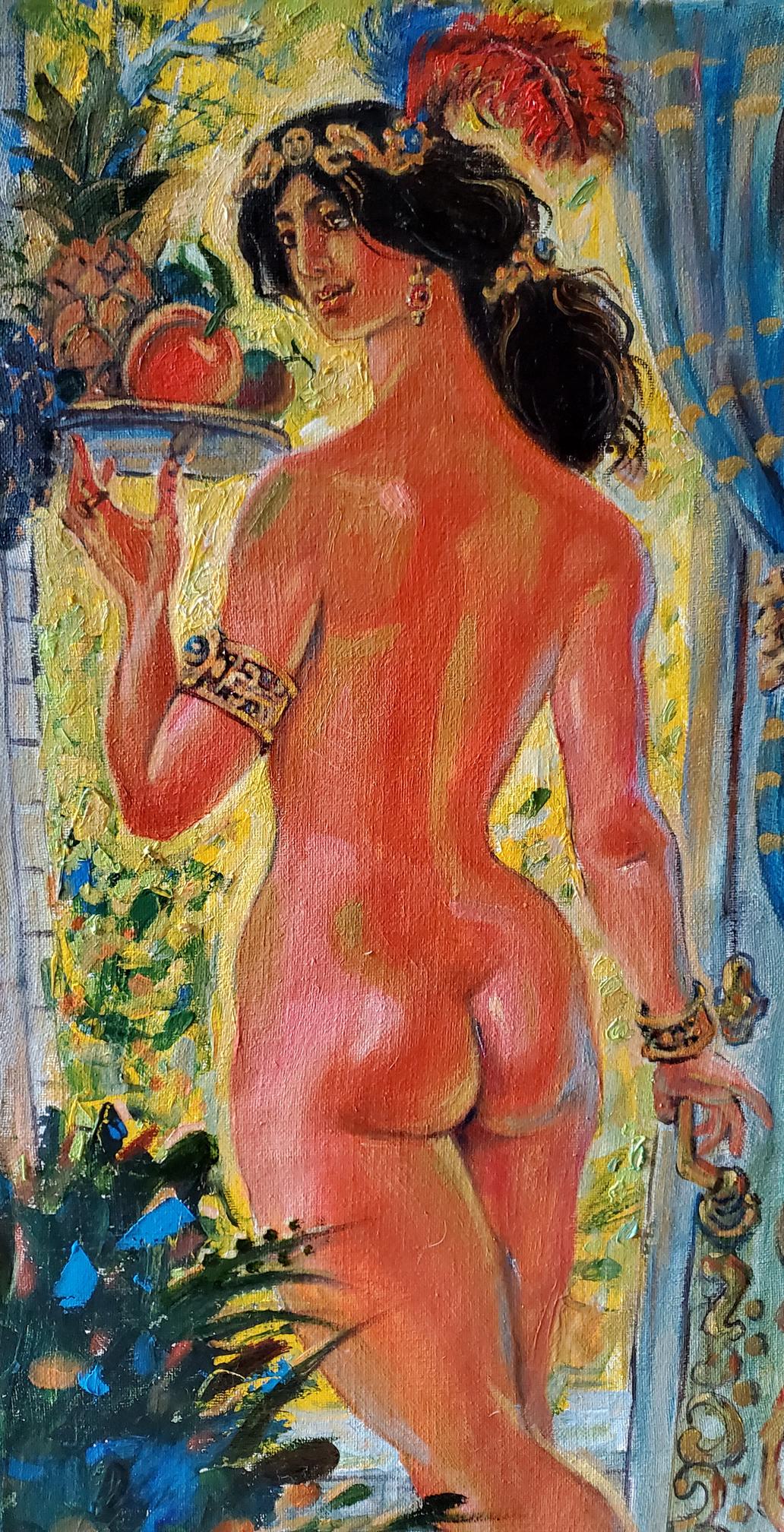 Oil painting Door to the Garden by Litvinov Daniil Olegovich: nude woman with fruit tray