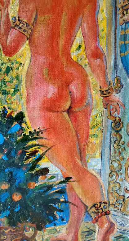 Oil painting Door to the Garden by Litvinov Daniil Olegovich, vibrant orange nude
