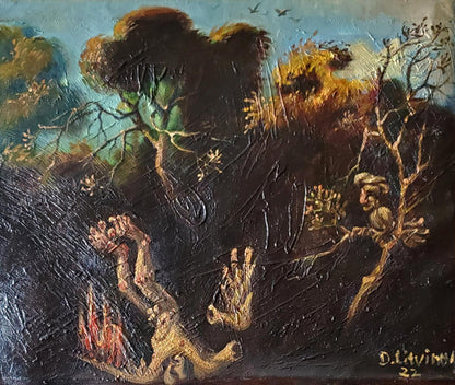 Oil painting The Fall of Icarus by Litvinov Daniil Olegovich, surreal figures and trees