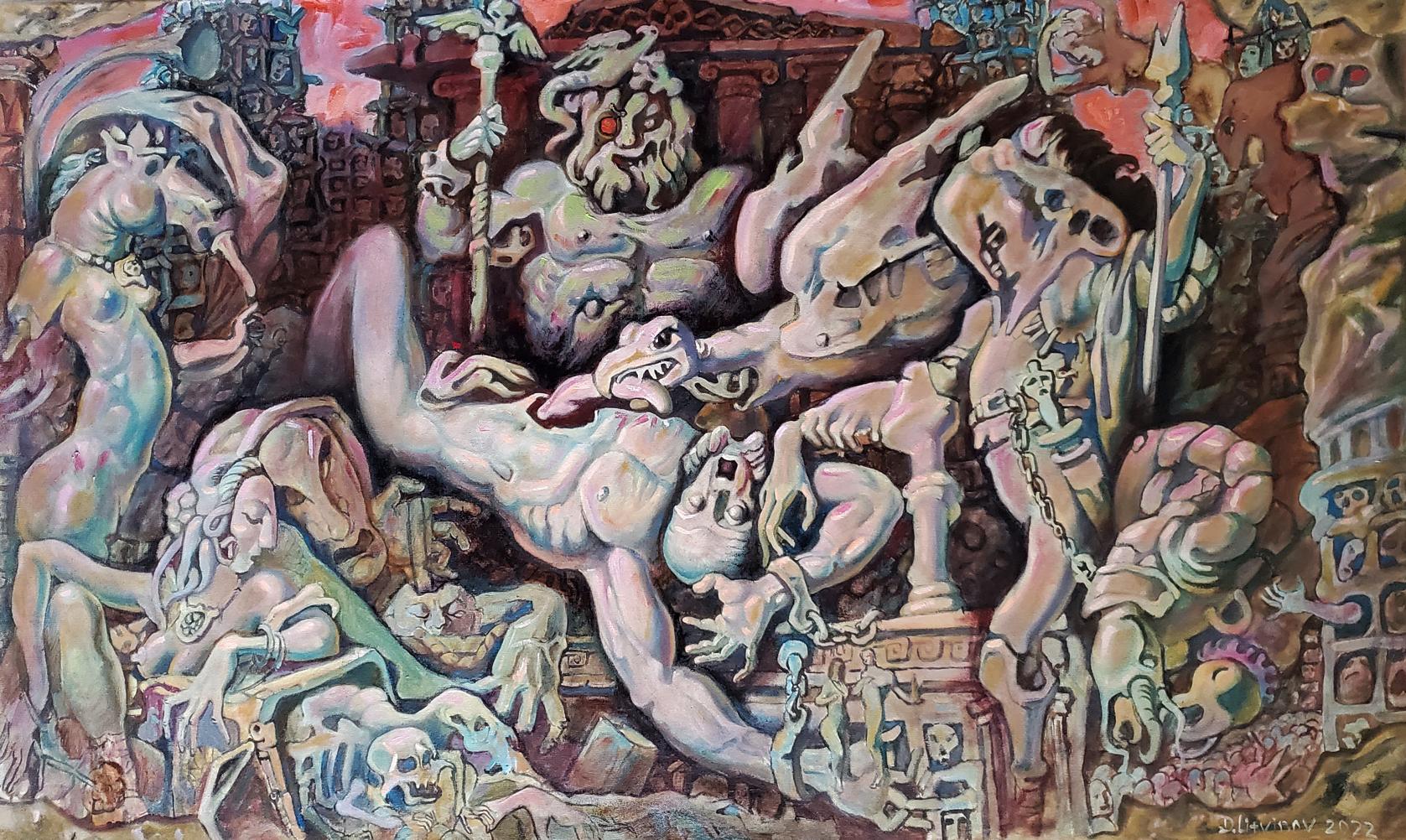 Vibrant oil painting by Prometheus Litvinov Daniil Olegovich with muscular mythological figures, skulls, ancient architecture