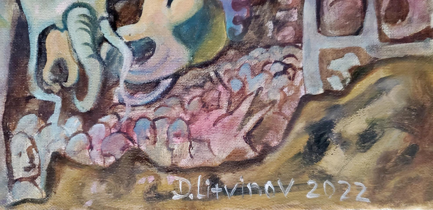 Colorful abstract oil painting of cartoonish face by Prometheus Litvinov Daniil Olegovich