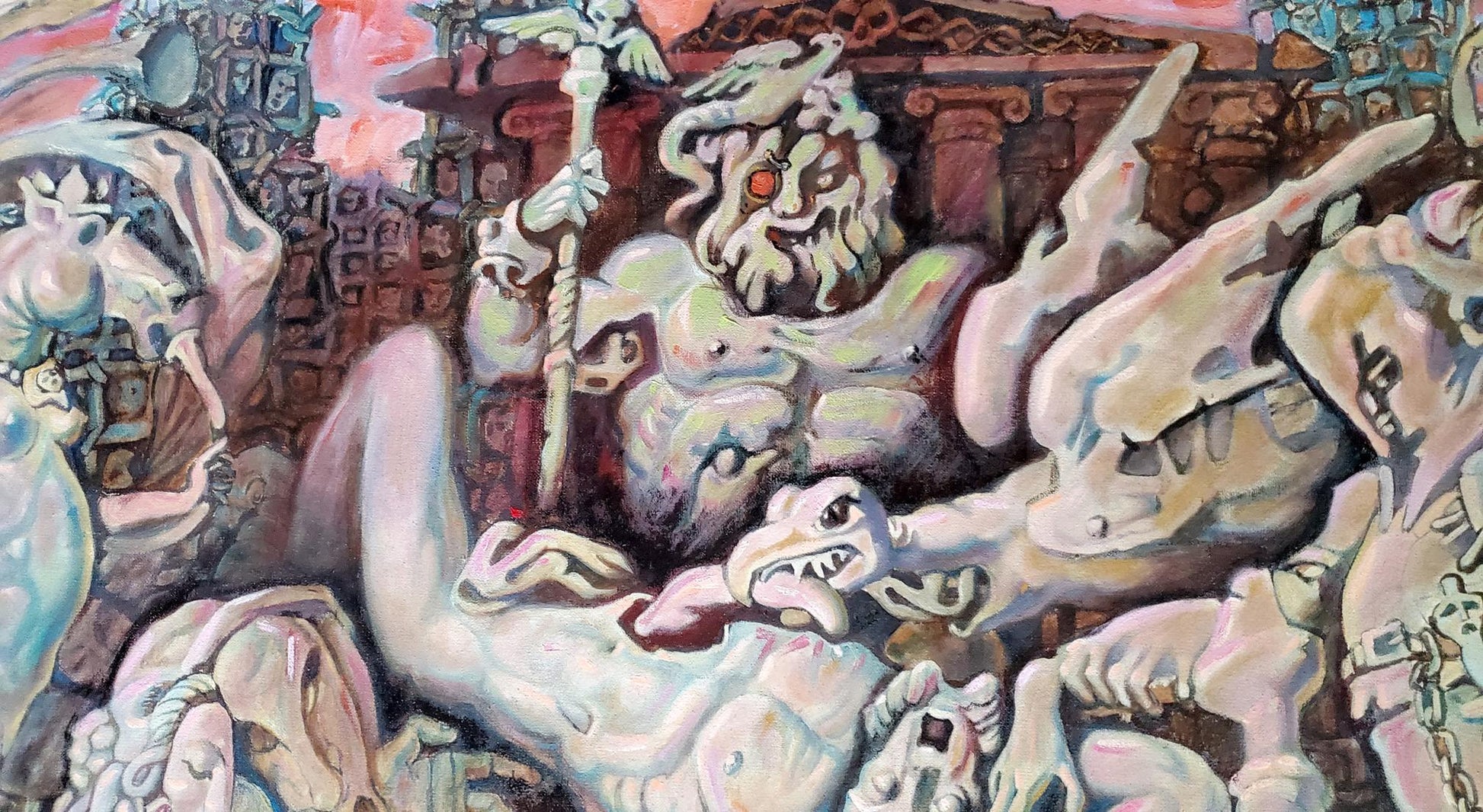 Oil painting Prometheus by Litvinov Daniil Olegovich, muscular bearded figure with staff