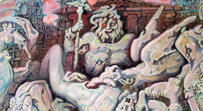 Oil painting Prometheus by Litvinov Daniil Olegovich, muscular bearded figure with staff