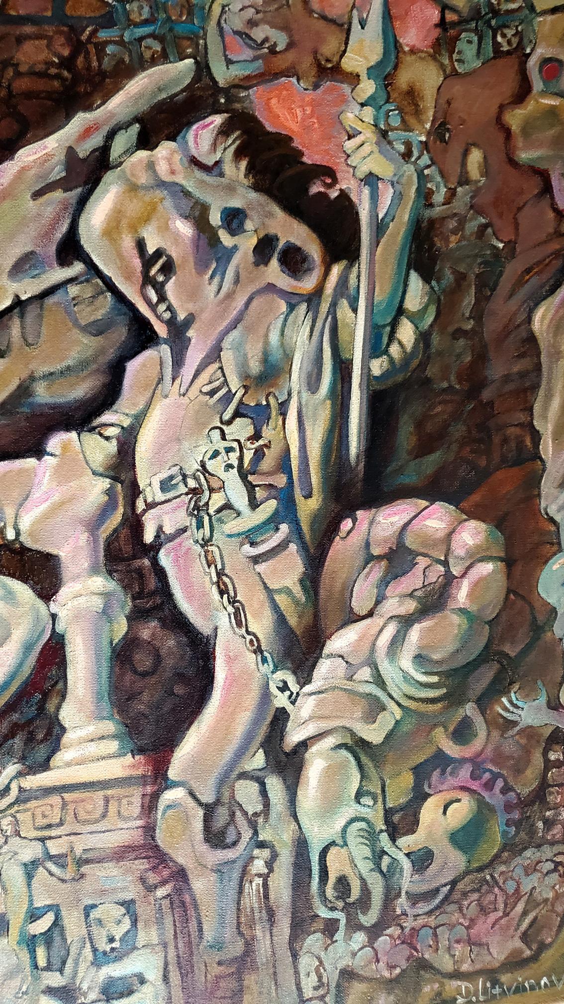 Surreal oil painting by Prometheus Litvinov Daniil Olegovich: muscular skull-headed figure with chains