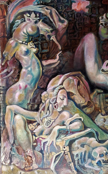 Surreal oil painting by Prometheus Litvinov Daniil Olegovich, crowned teal horse and figures