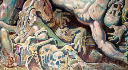 Surreal oil painting by Prometheus Litvinov Daniil Olegovich with distorted figures