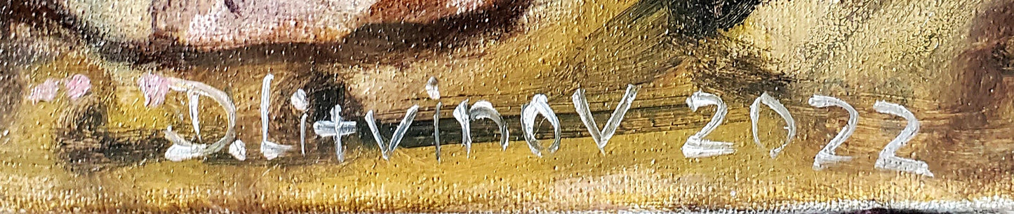 Handwritten white ink signature d on back of Prometheus oil painting by Litvinov Daniil Olegovich