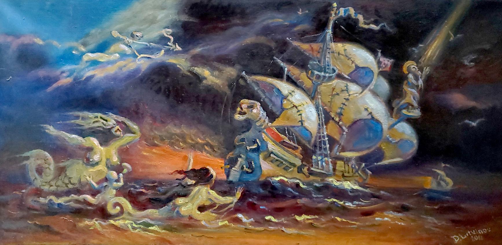 Oil painting of fantastical ship in turbulent seas by Litvinov Daniil Olegovich