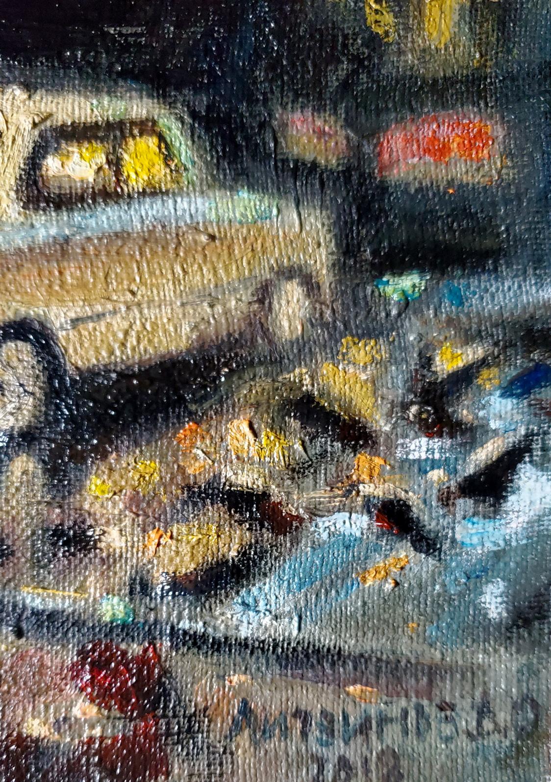 Litvinov Daniil Olegovich's oil artwork depicts a rainy day scene