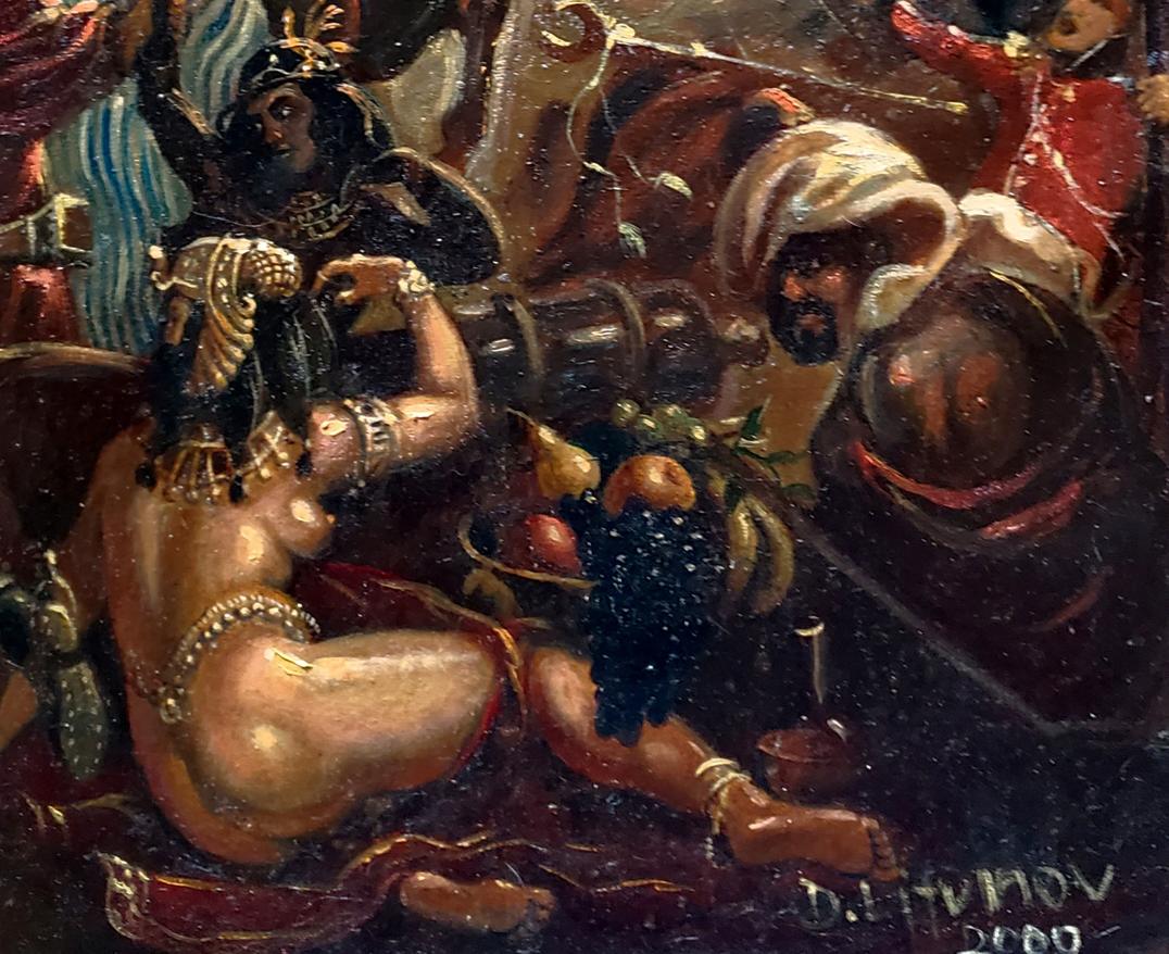 Nude woman in gold jewelry and red fabric by fruit basket, Litvinov Napoleon Egypt oil painting