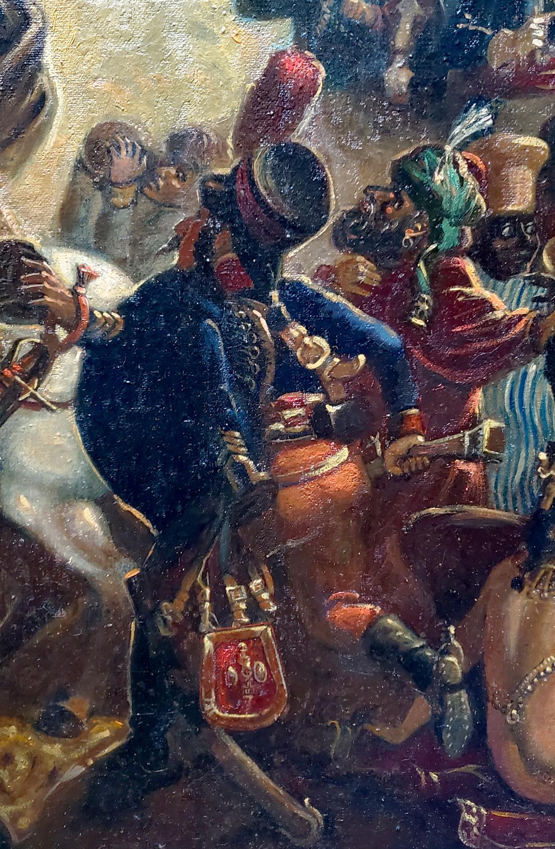Oil painting of Napoleons Egypt campaign: red gold pouch on blue-clad mounted soldier