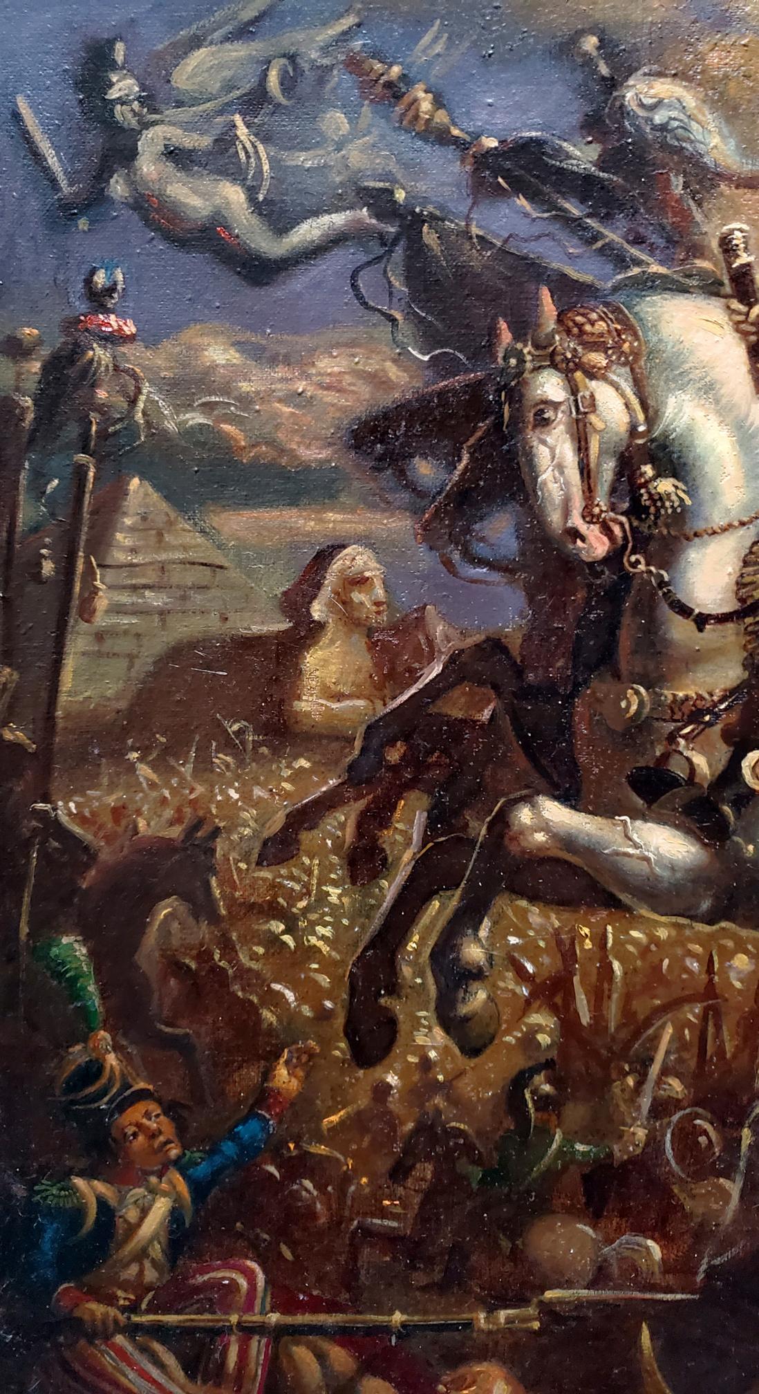 Oil painting of Napoleons Egypt campaign by Daniil Litvinov: armored rider on white horse in battle