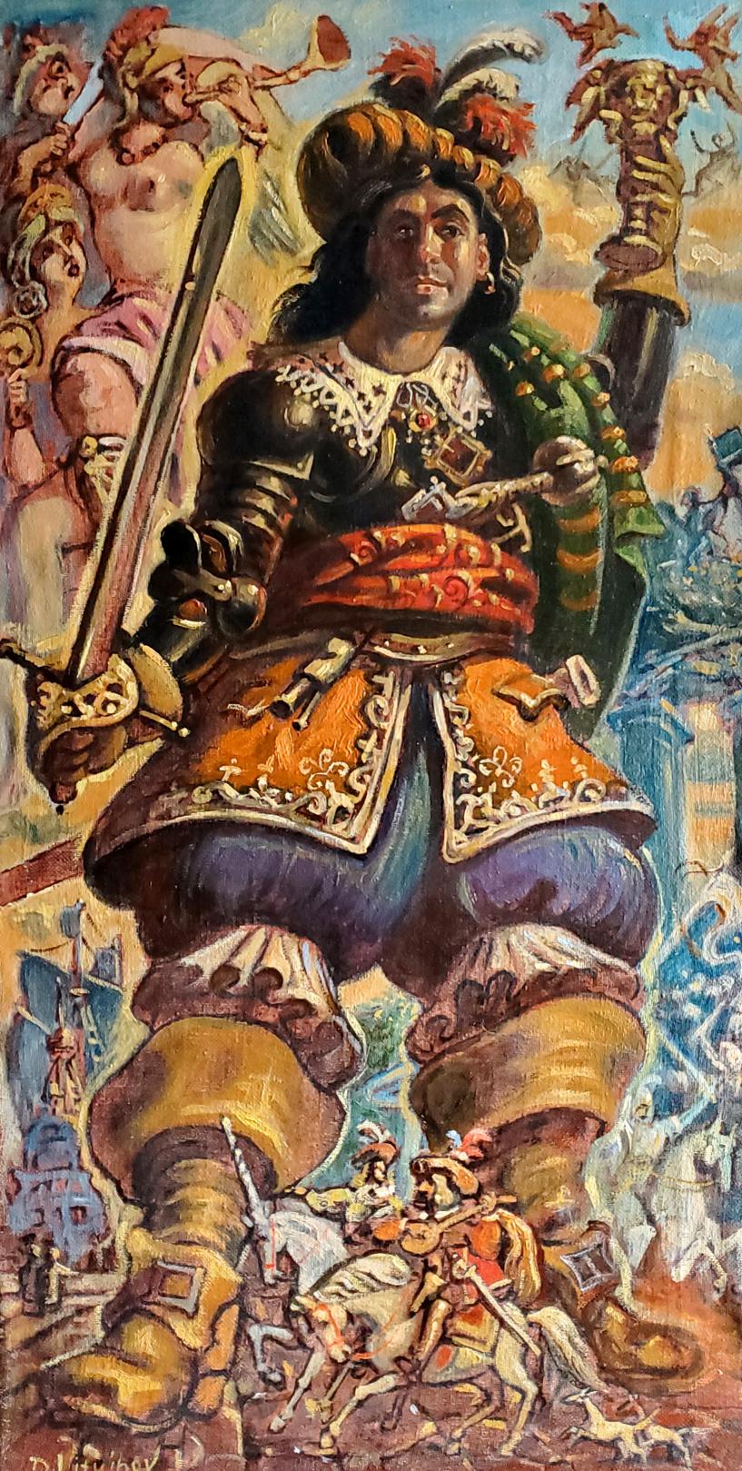 Oil painting self portrait by Daniil Litvinov as 17th century warrior