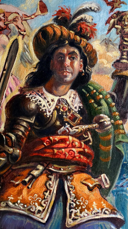 Oil painting self portrait of warrior in 17th century ornate armor by Daniil Litvinov