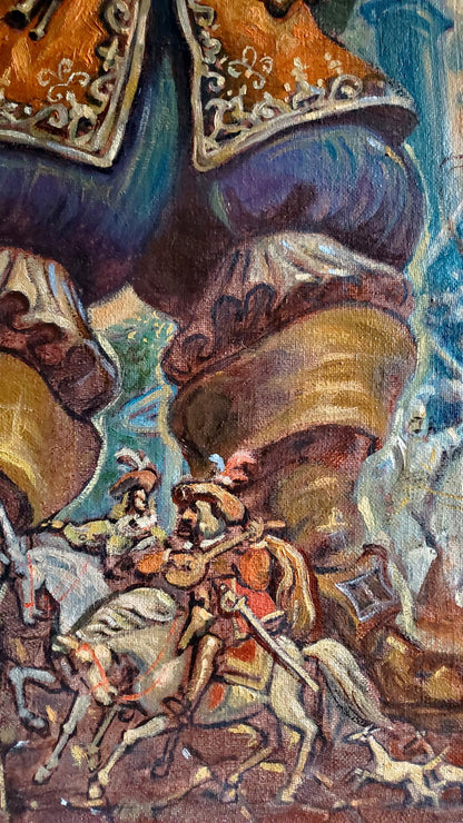Vibrant oil painting of armored knights on horseback by Daniil Litvinov
