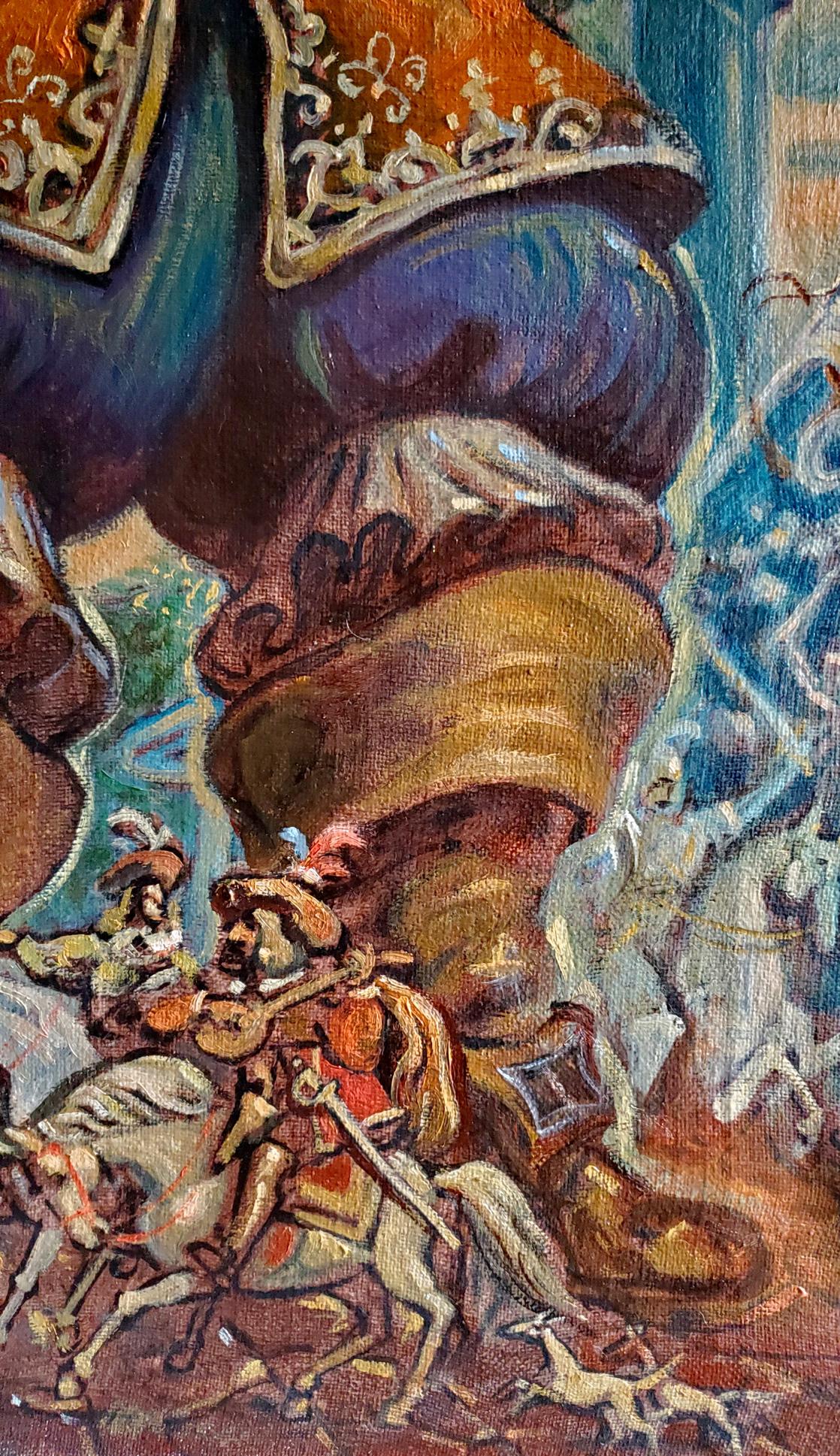 Oil painting of Daniil Litvinov self-portrait as massive blue-gold armored boot towering over knights
