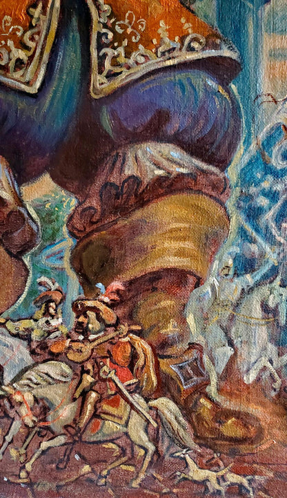 Oil painting of Daniil Litvinov self-portrait as massive blue-gold armored boot towering over knights