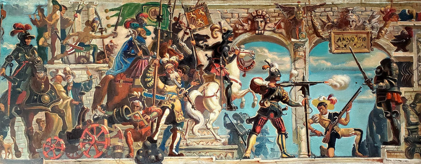 Vibrant oil painting mural of historical battle by Litvinov Daniil Olegovich