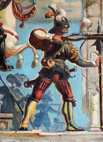 Oil painting by Litvinov Daniil Olegovich of soldier in ornate red gold armor