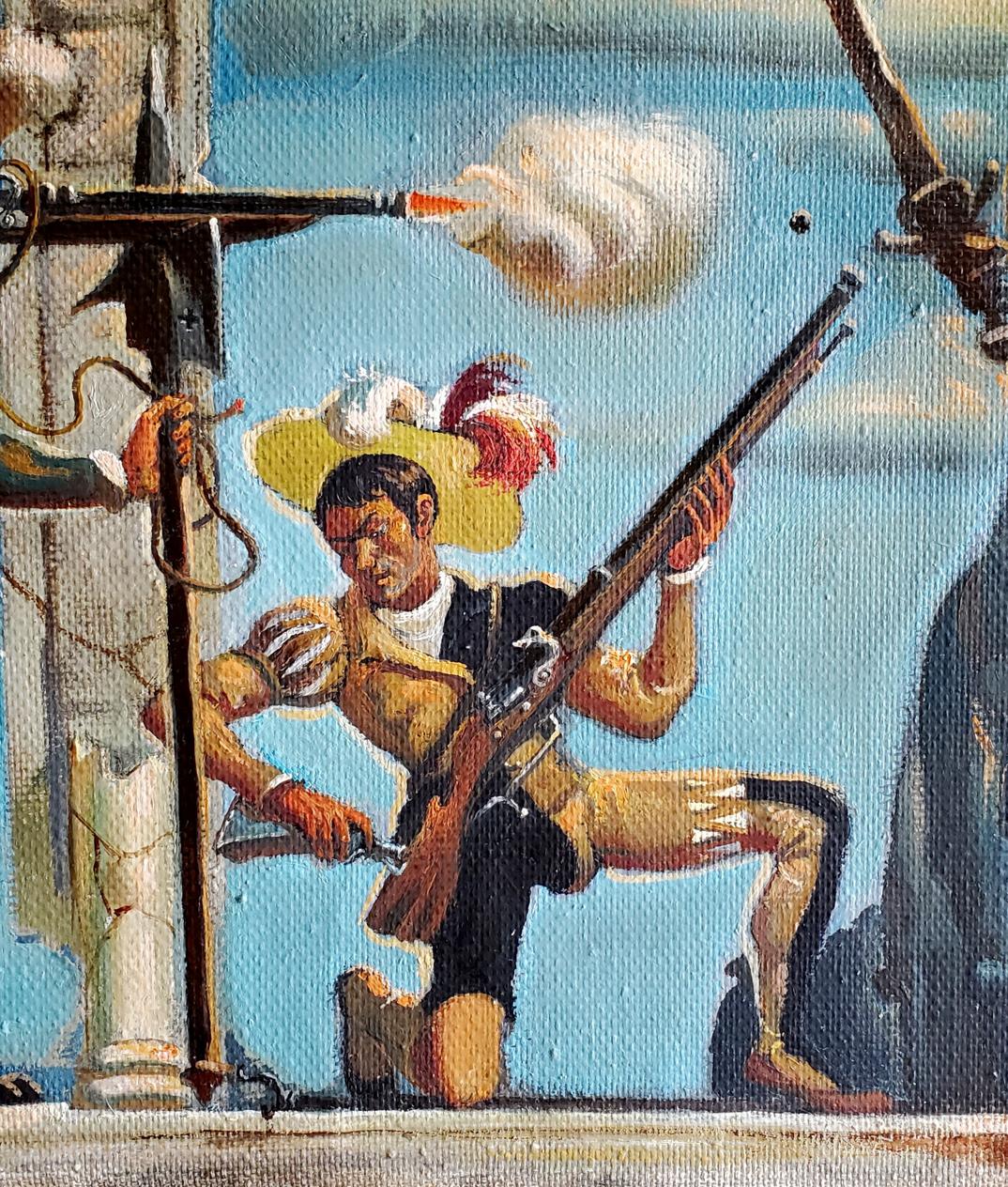 Oil painting by Litvinov Daniil Olegovich of man in yellow feathered hat holding rifle