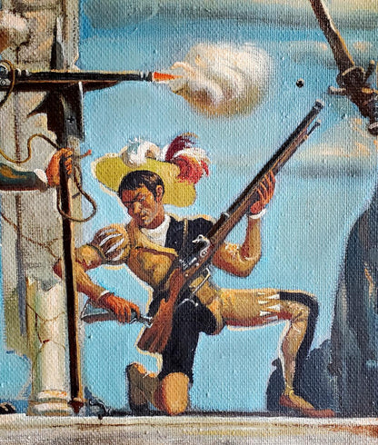 Oil painting by Litvinov Daniil Olegovich of man in yellow feathered hat holding rifle