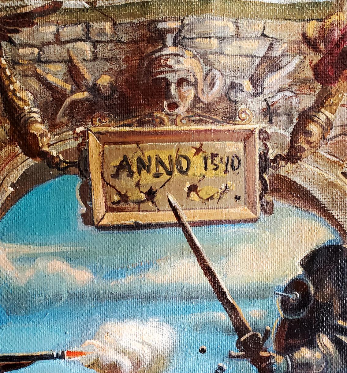 A weathered golden plaque with the inscription ’anno 1540’’ set against a painted backdrop of stone and sky.