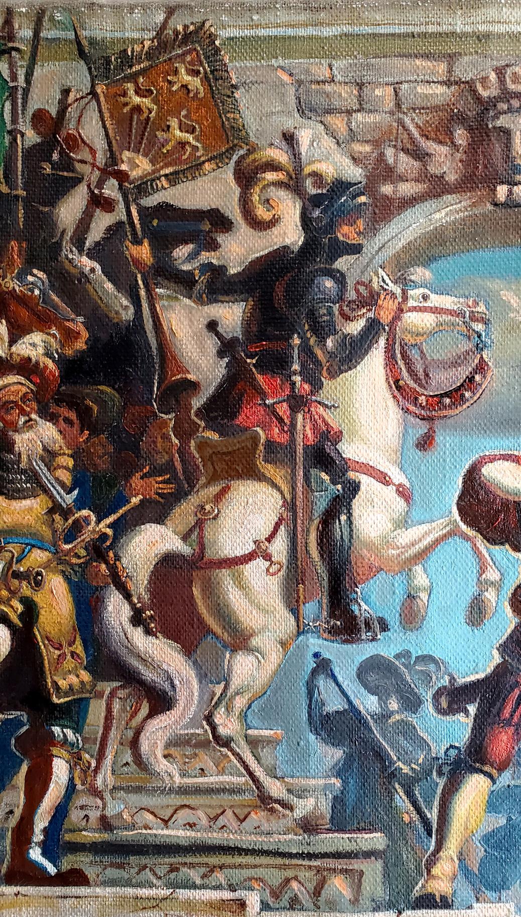 Oil painting by Litvinov Daniil Olegovich: black knight on white horse with gold-red banner