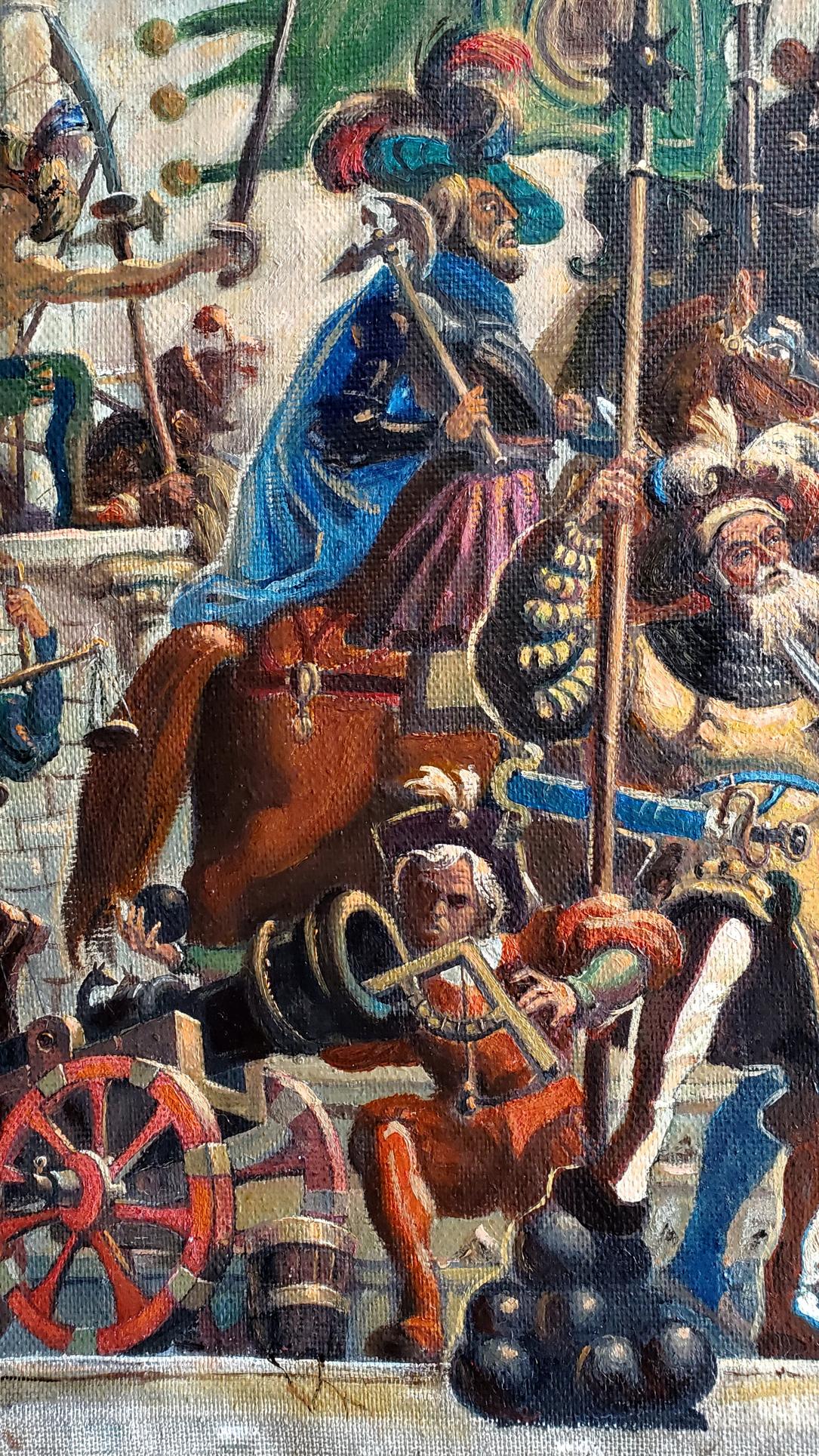 Oil painting by Litvinov Daniil Olegovich of knight in blue armor with axe