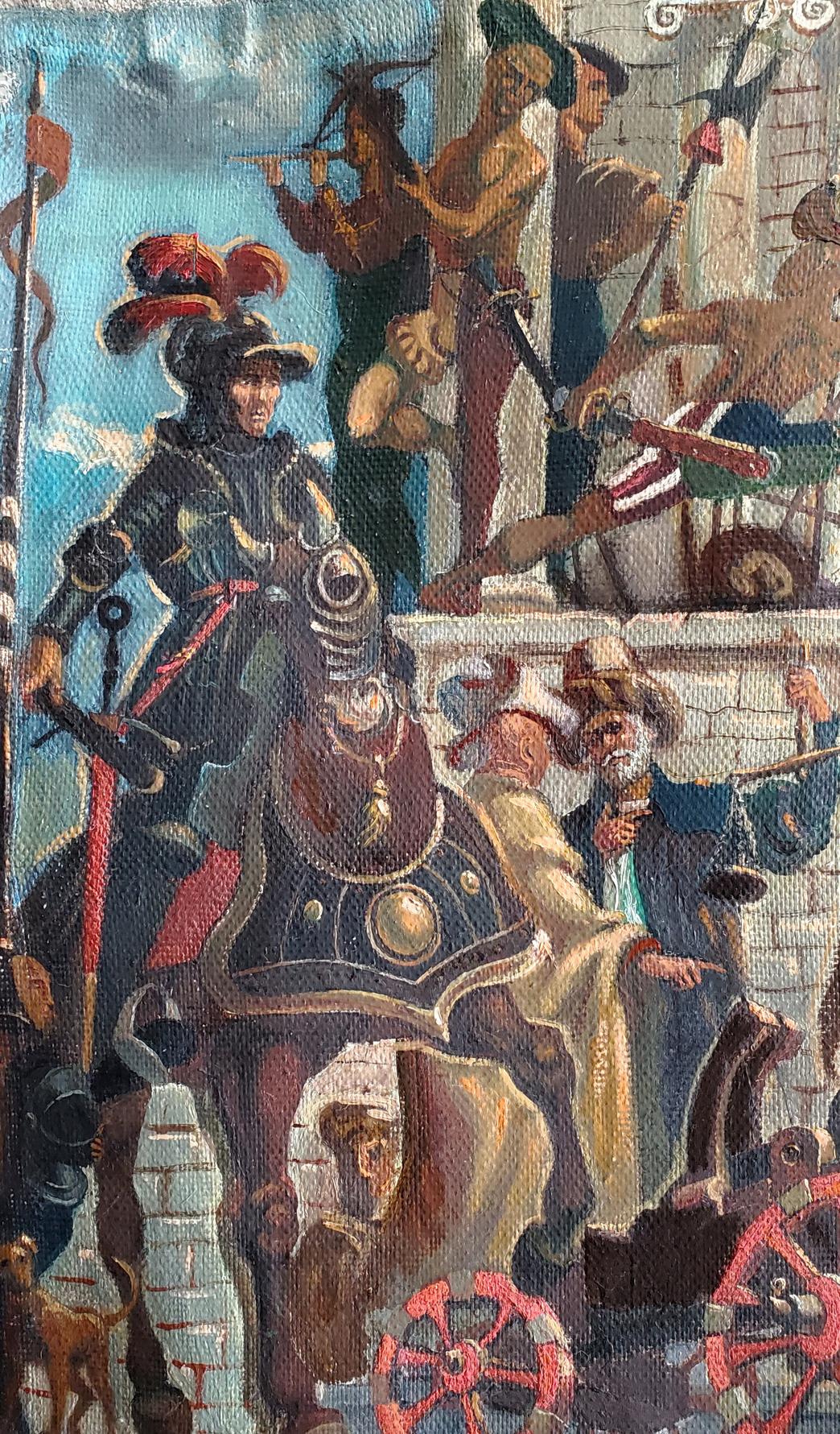 Oil painting of mounted knight in black gold armor by Litvinov Daniil Olegovich