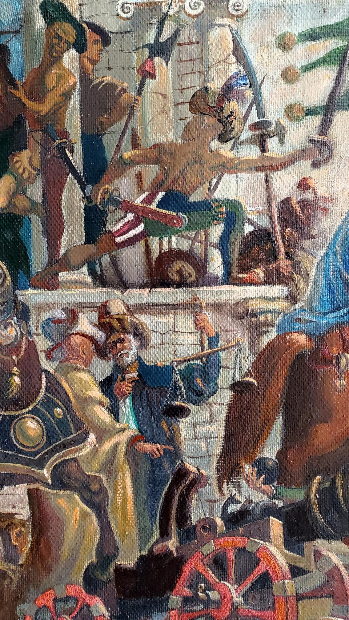 Oil painting of chaotic medieval firearms testing by Litvinov Daniil Olegovich