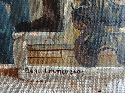 Signed 2004 oil painting by Daniil Olegovich Litvinov, Firearms testing, textured earthy tones