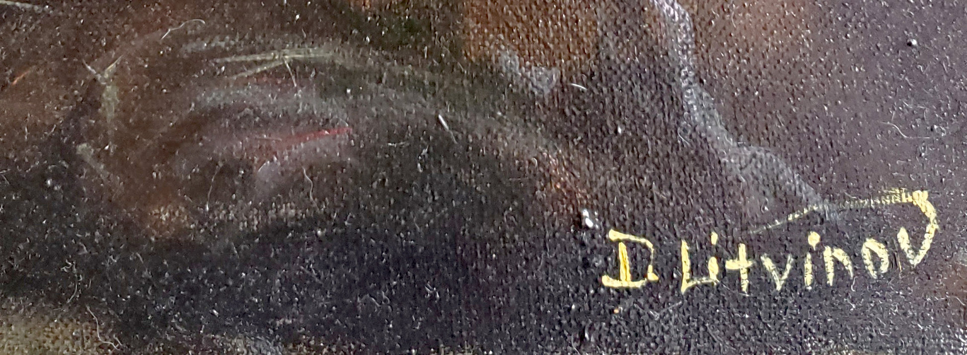 Yellow cursive signature d on back of Melody Litvinov Daniil Olegovich oil painting