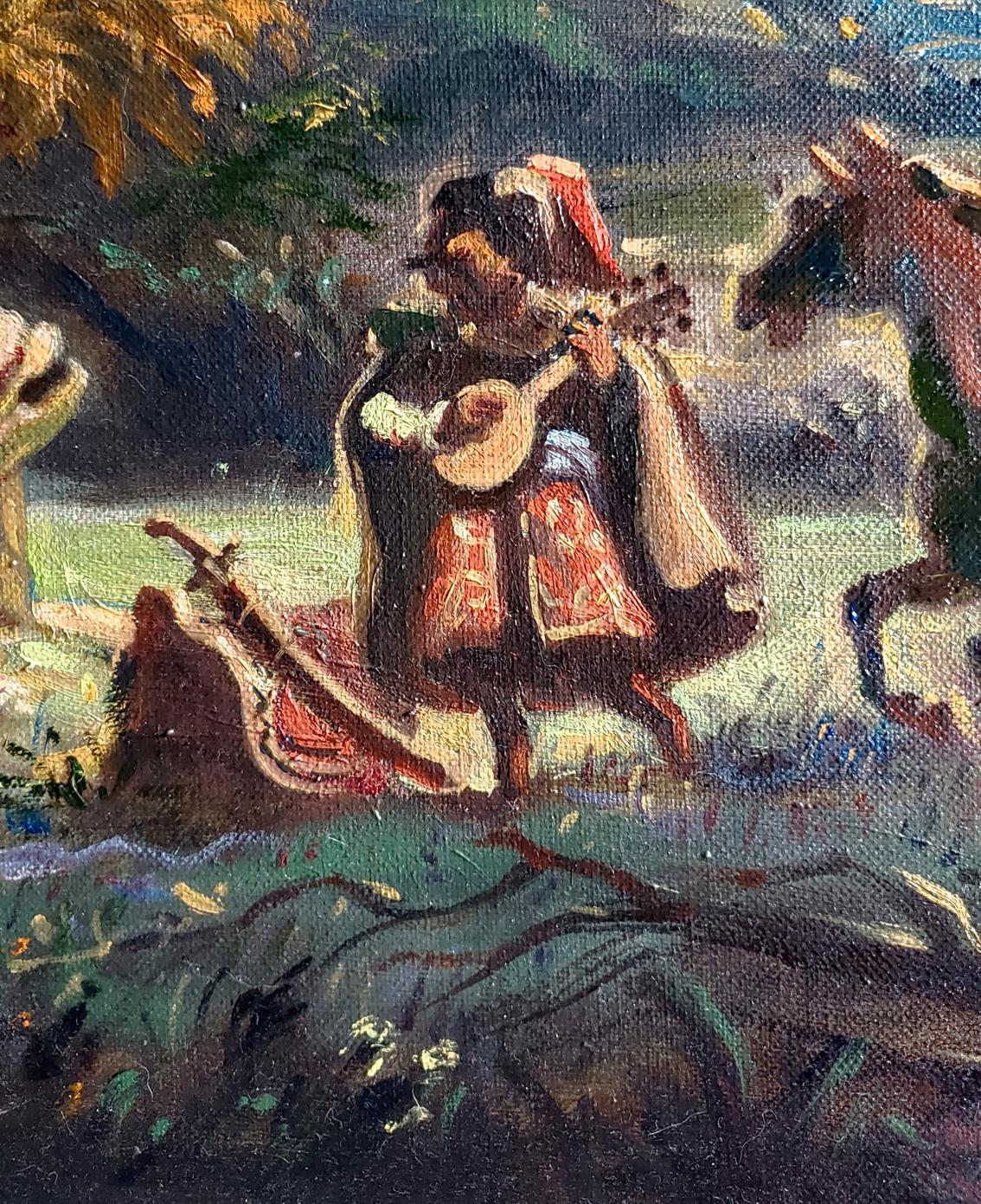 Oil painting by Melody Litvinov Daniil Olegovich of musician in red gold attire