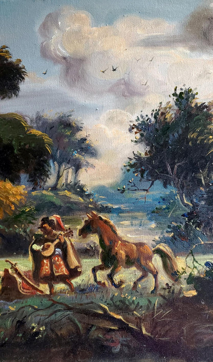 Rustic oil painting by Melody Litvinov Daniil Olegovich: man playing stringed instrument by horse