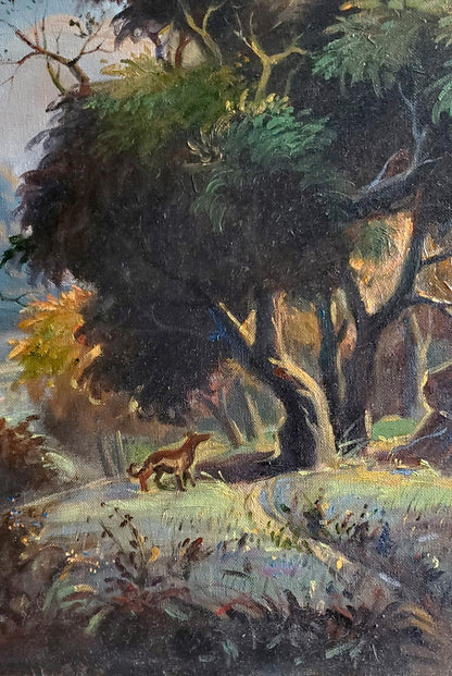 Rustic oil painting by Melody Litvinov Daniil Olegovich: brown dog under golden trees