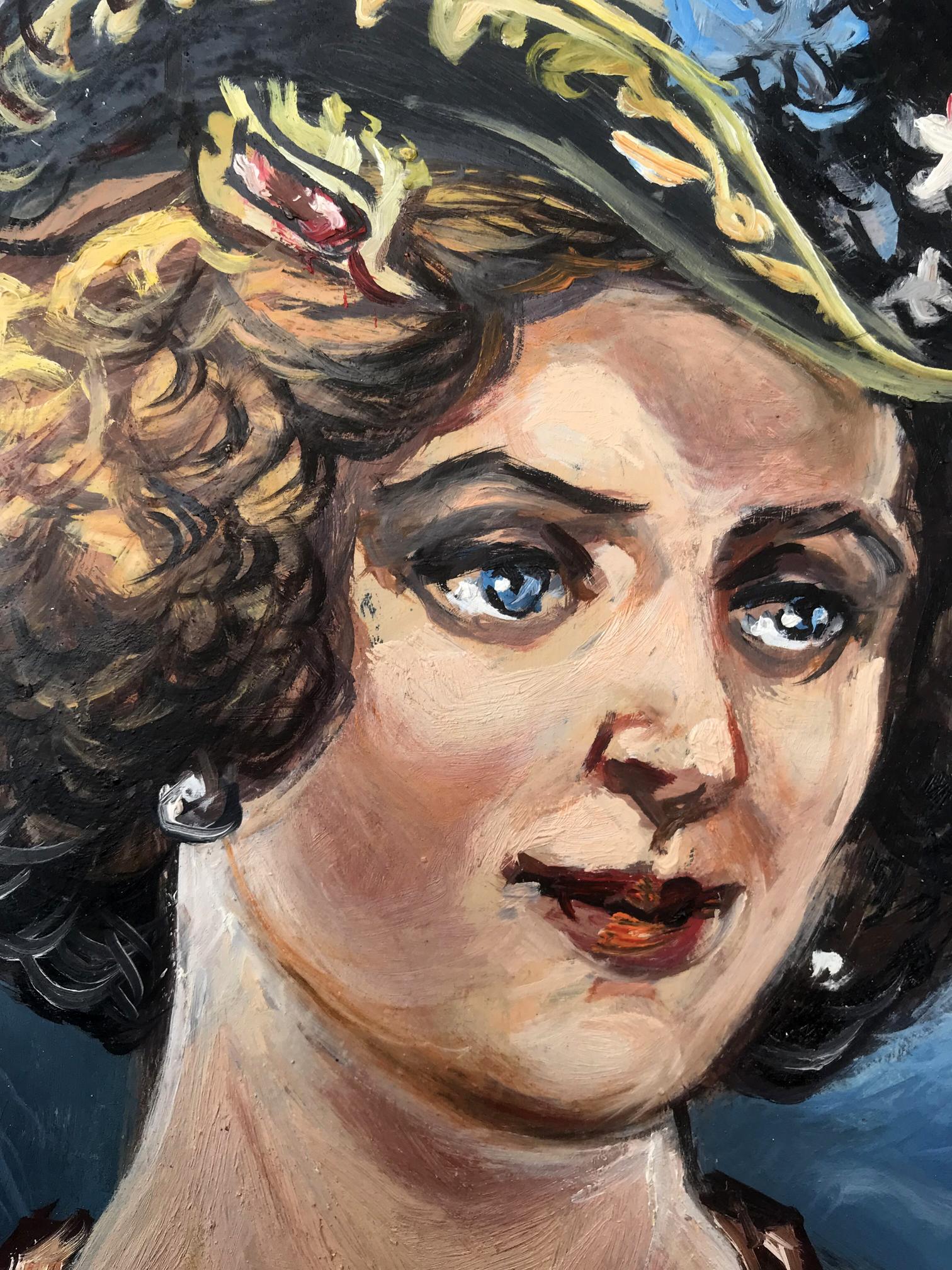 Oil painting of Duchess portrait by Alexander Arkadievich Litvinov, blue eyes, curly hair, ornate hat