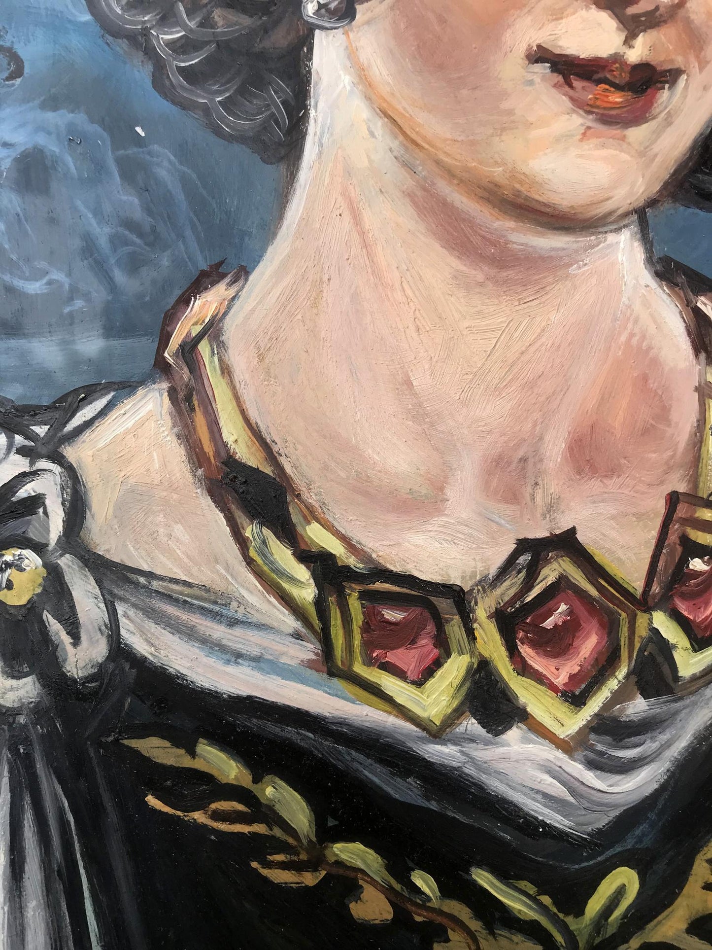 Gold necklace with red gemstones in Oil painting Duchess portrait by Litvinov