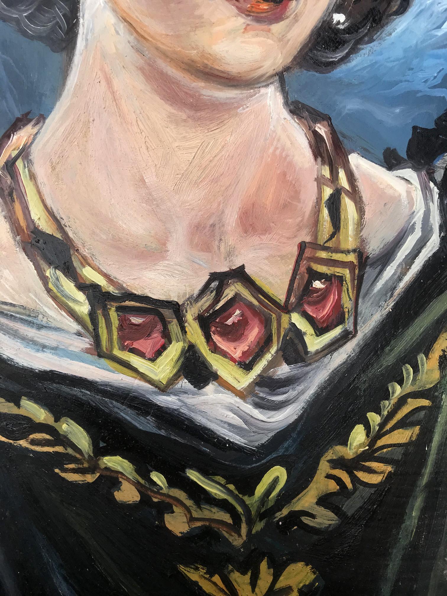 Bold geometric necklace with red gemstones in Duchess portrait oil painting by Alexander Arkadievich Litvinov
