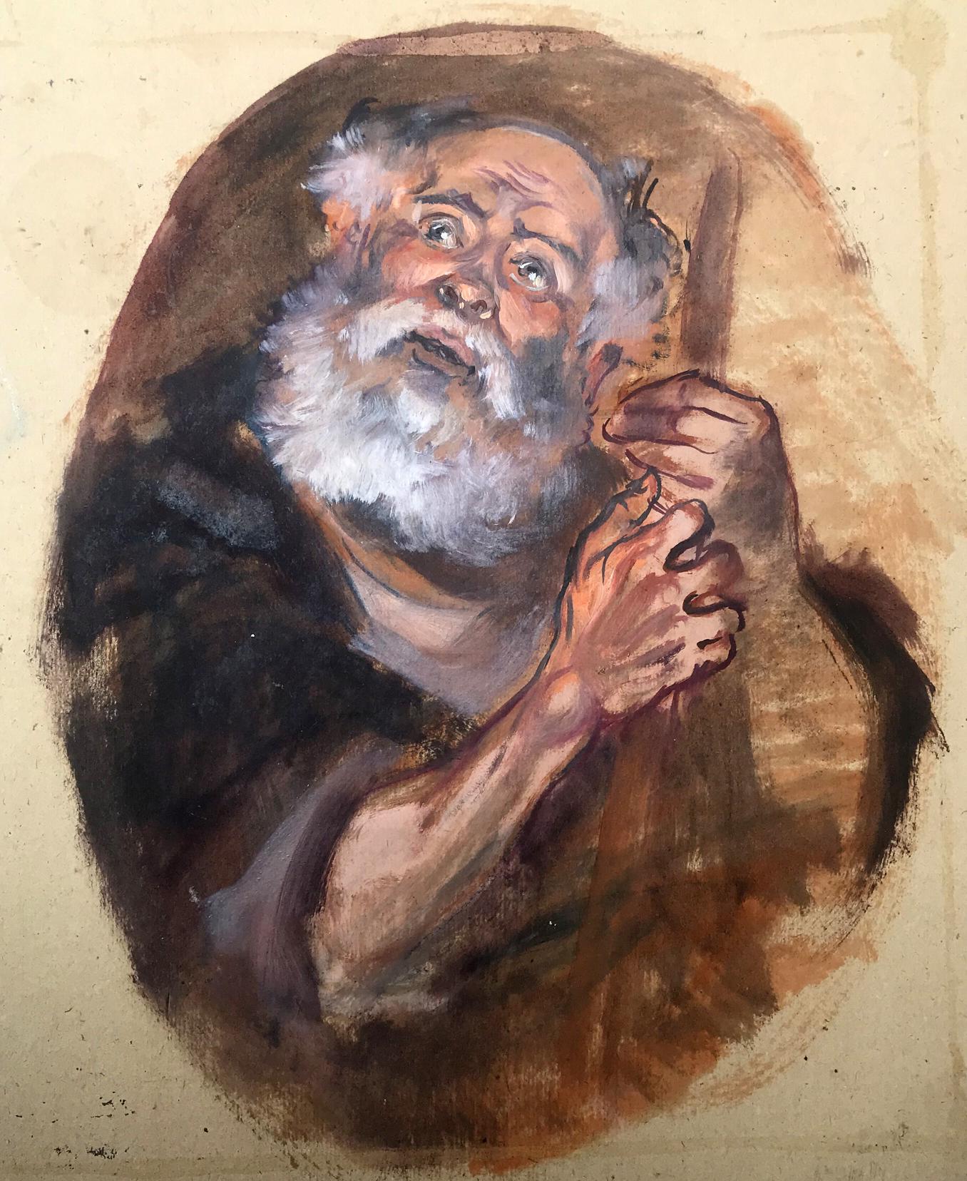 Oil painting portrait of old bearded man with cane by Alexander Litvinov